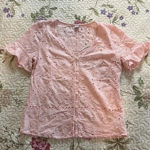 Pink eyelet button down short sleeve shirt